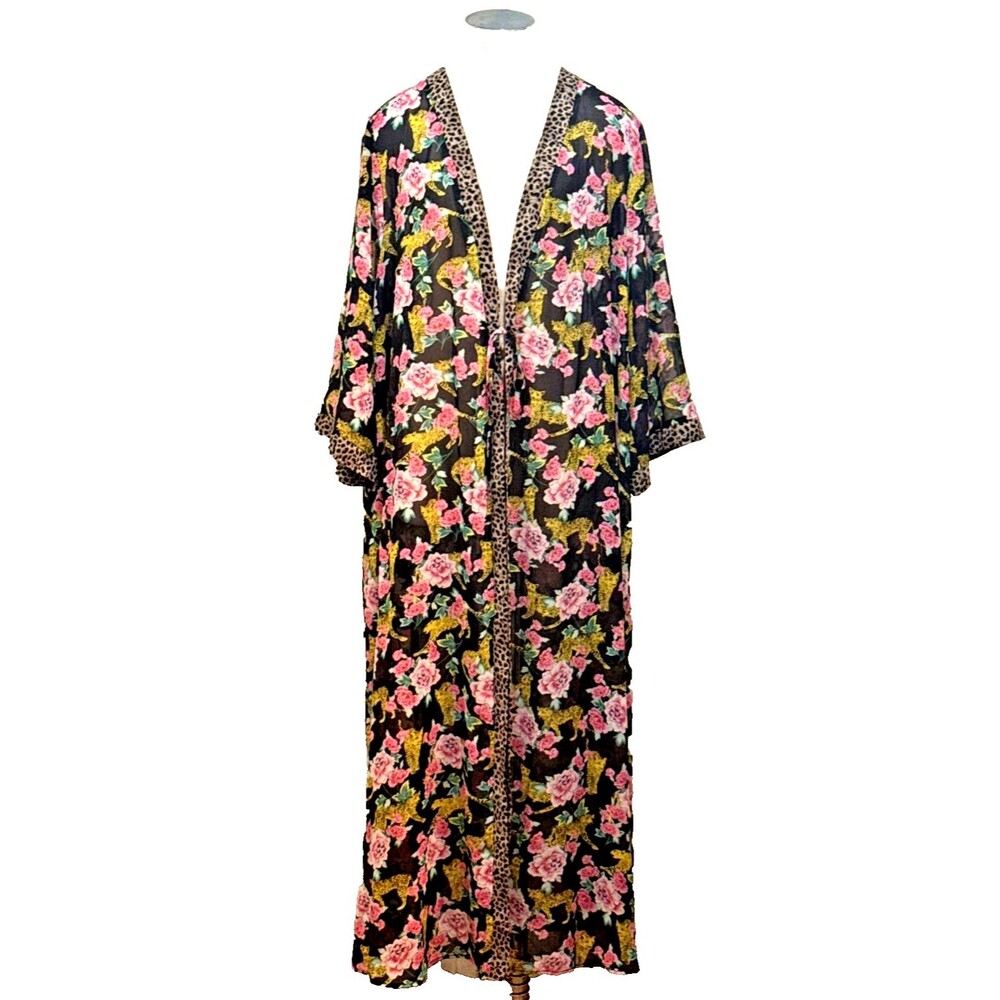 TORRID Size 3 Cheetah Floral Kimono Sheer Robe Duster Swim Coverup Boho Romantic